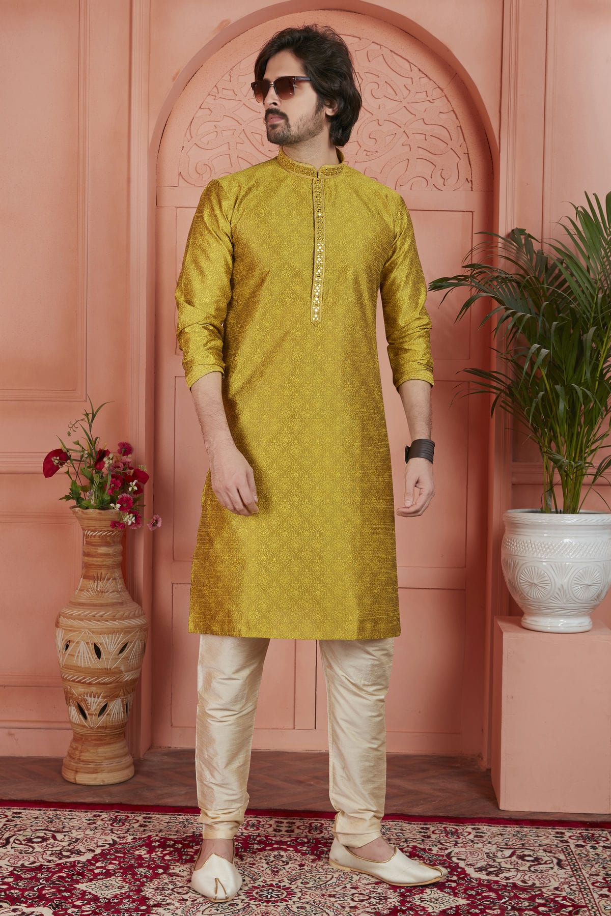 Gold Colour Jacquard Silk Brocade Kurta Pajama VSKP1230233