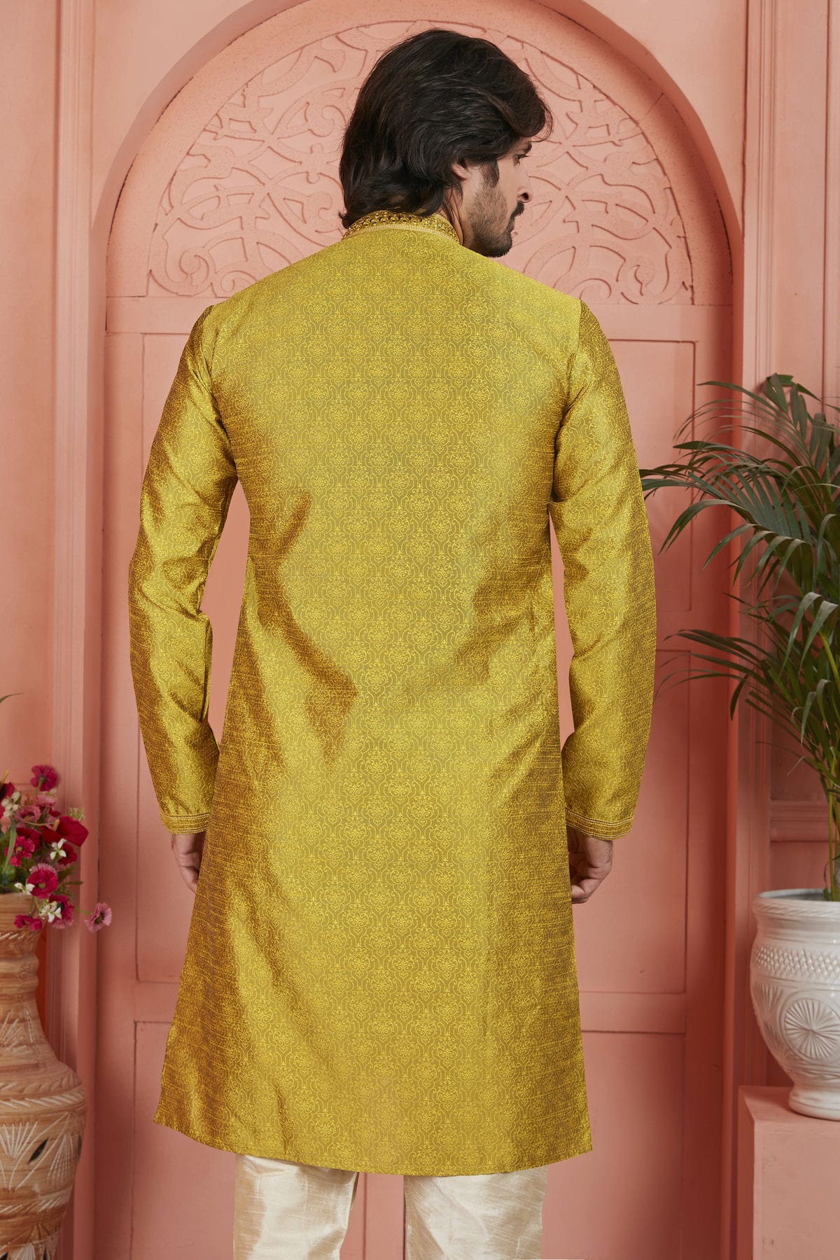 Gold Colour Jacquard Silk Brocade Kurta Pajama VSKP1230233