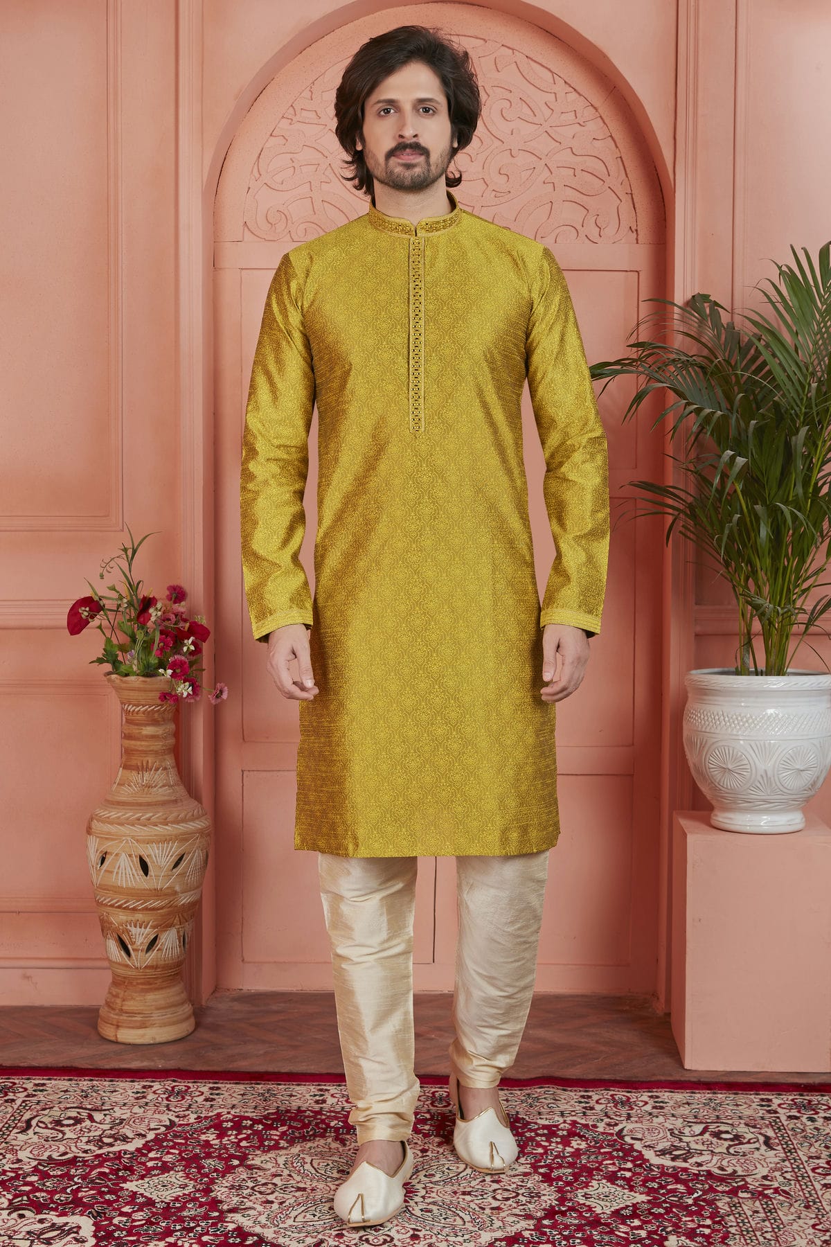 Gold Colour Jacquard Silk Brocade Kurta Pajama