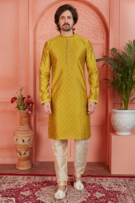 Gold Colour Jacquard Silk Brocade Kurta Pajama