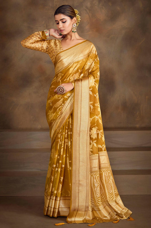 Gold Colour Moss Brasso Traditional Saree