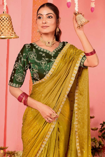 Gold Colour Satin Jacquard Designer Saree