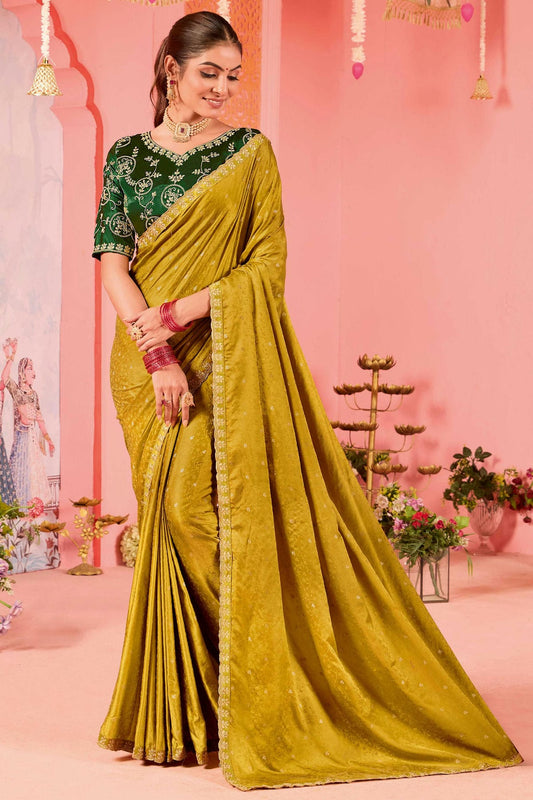 Gold Colour Satin Jacquard Designer Saree