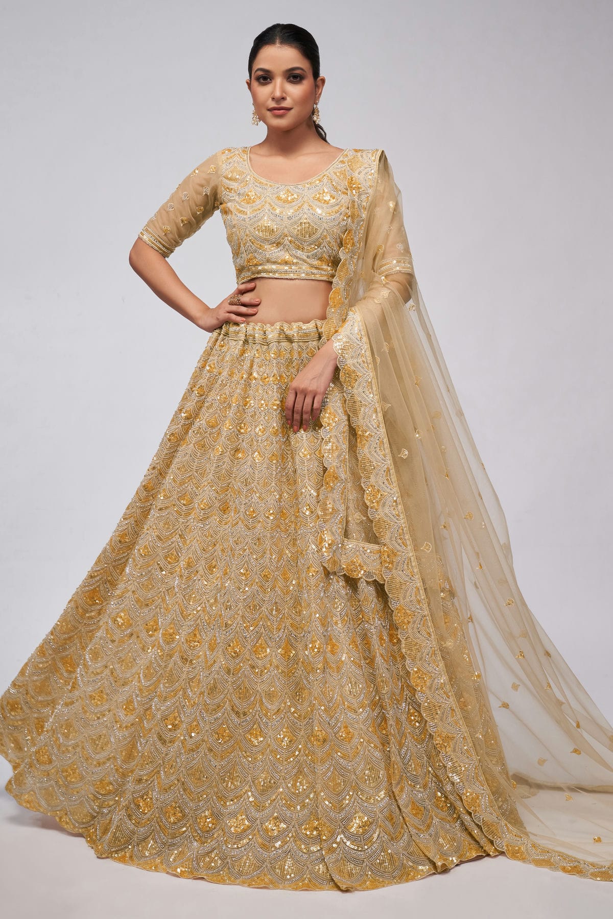 Gold Colour Soft Net Lehenga Choli