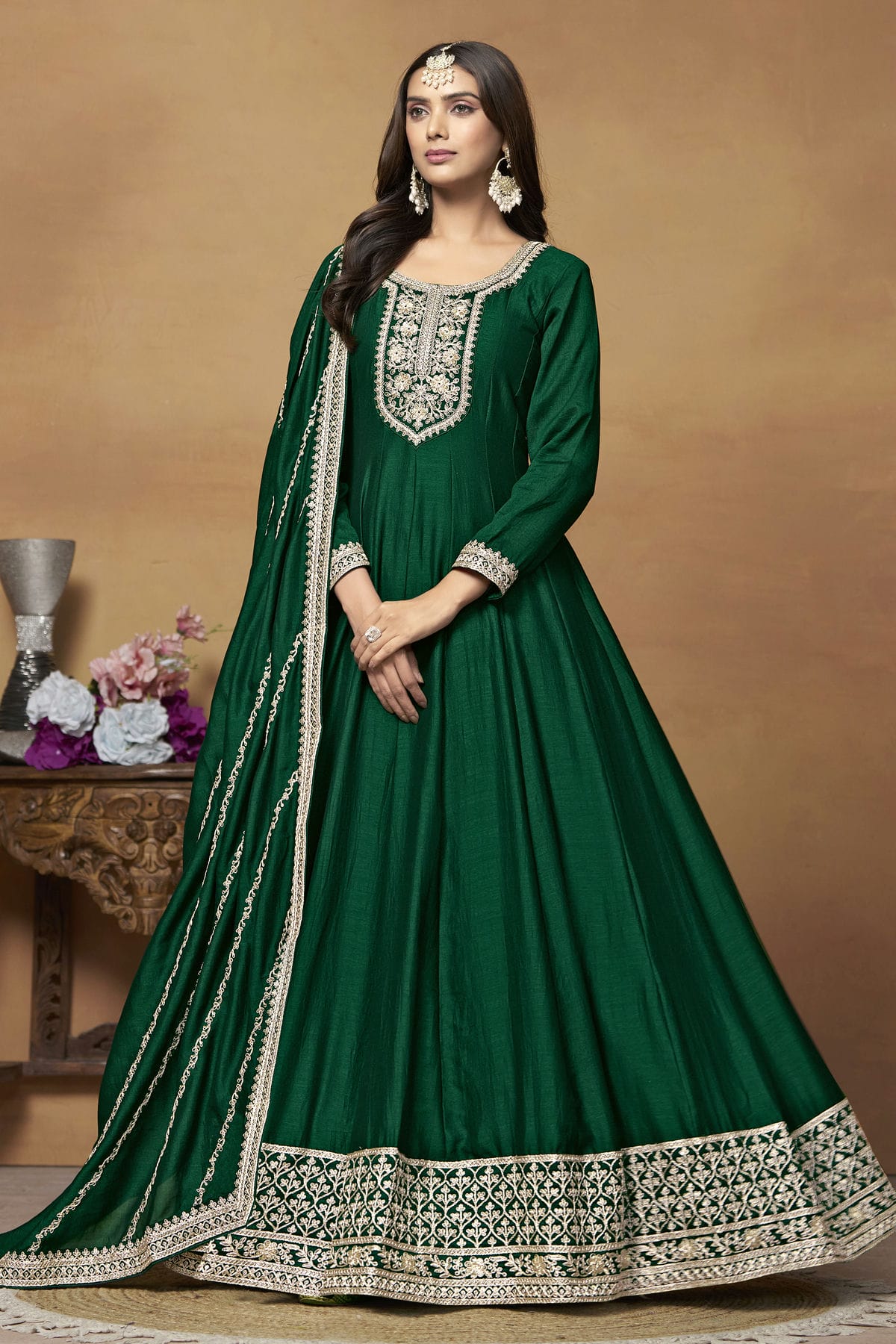 Green Colour Anarkali Suit Art Silk Semi Stitched