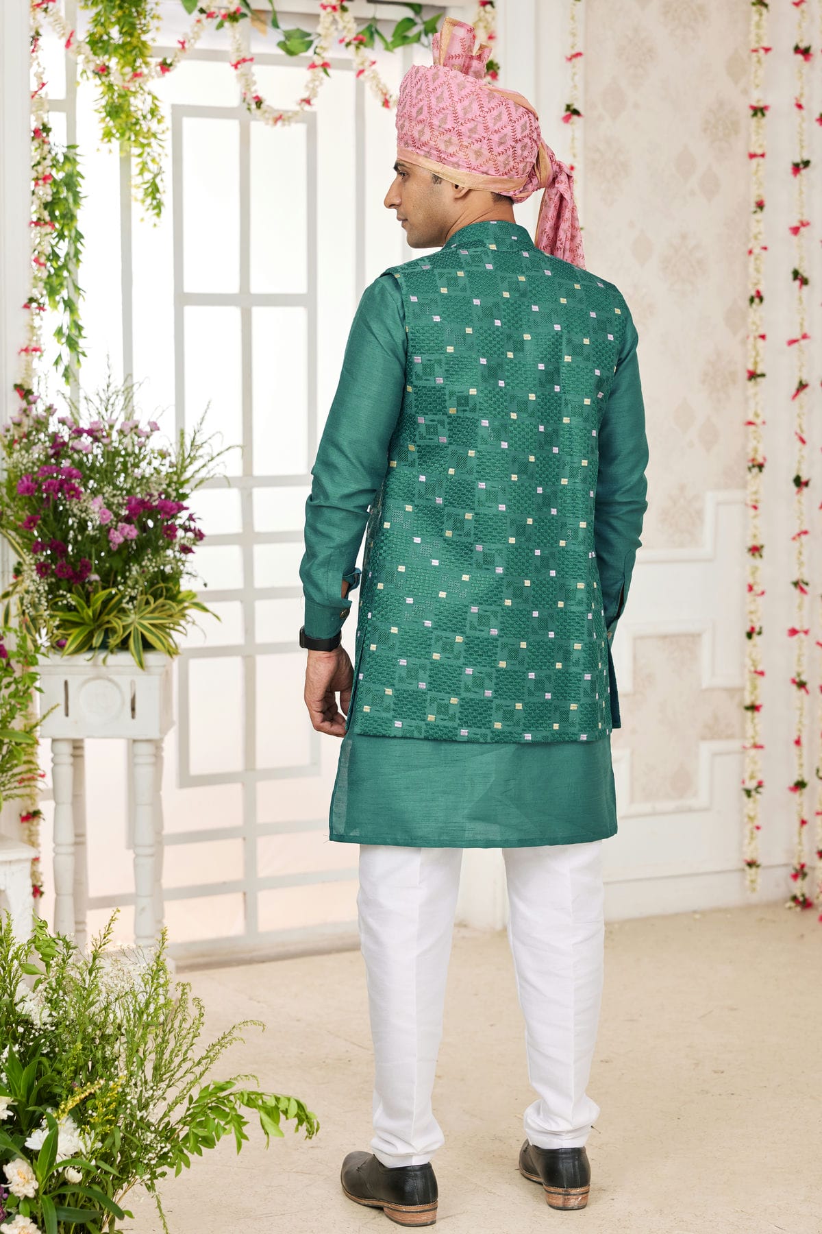 Green Colour Art Silk Kurta Pajama With Jacket