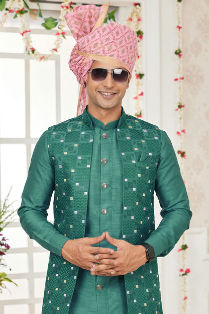 Green Colour Art Silk Kurta Pajama With Jacket