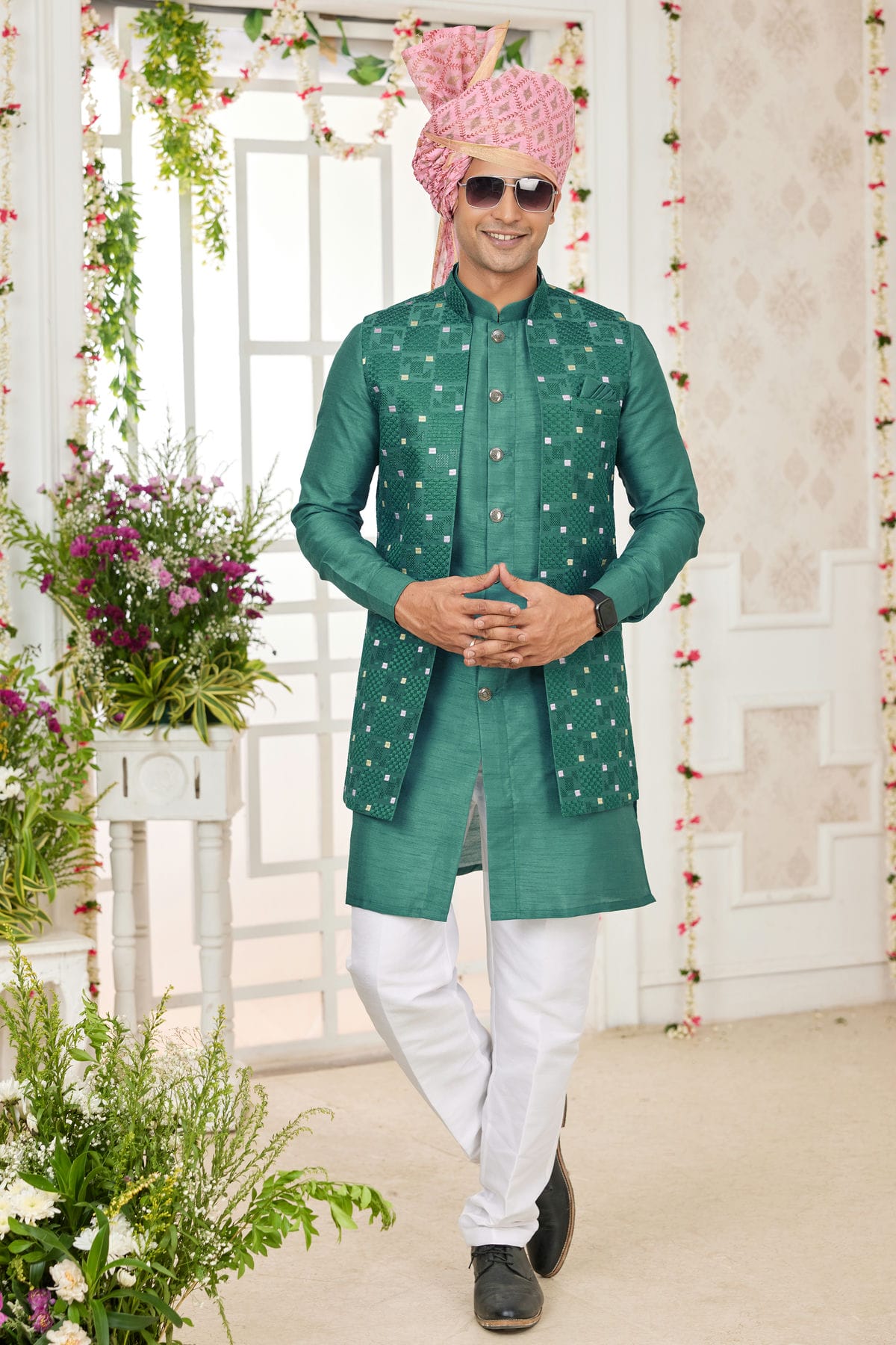 Green Colour Art Silk Kurta Pajama With Jacket