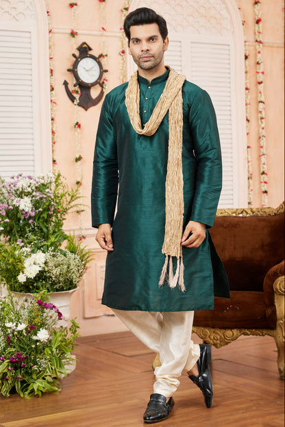 Green Colour Art Silk Kurta Pajama With Stole