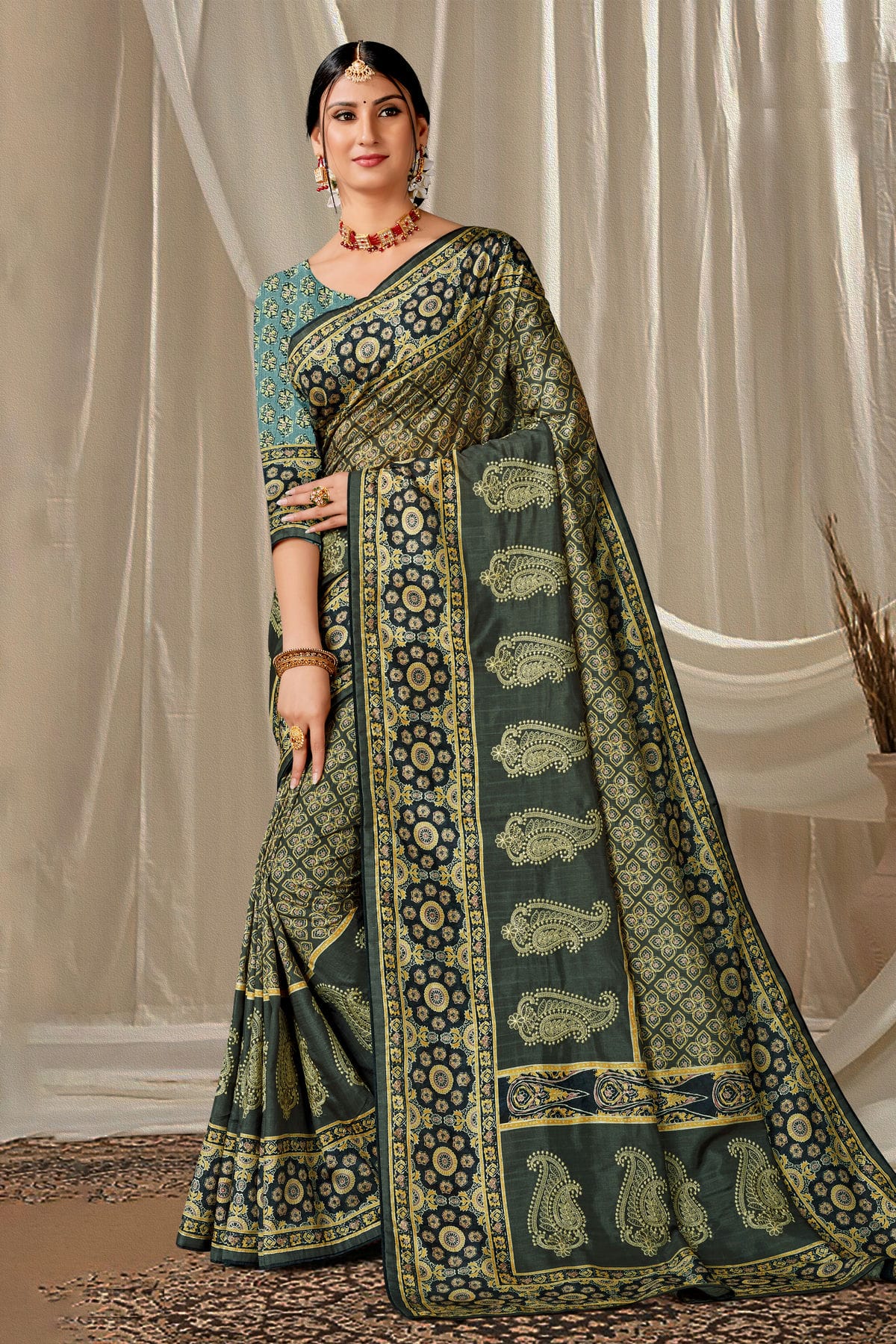 Green Colour Art Silk Printed Saree