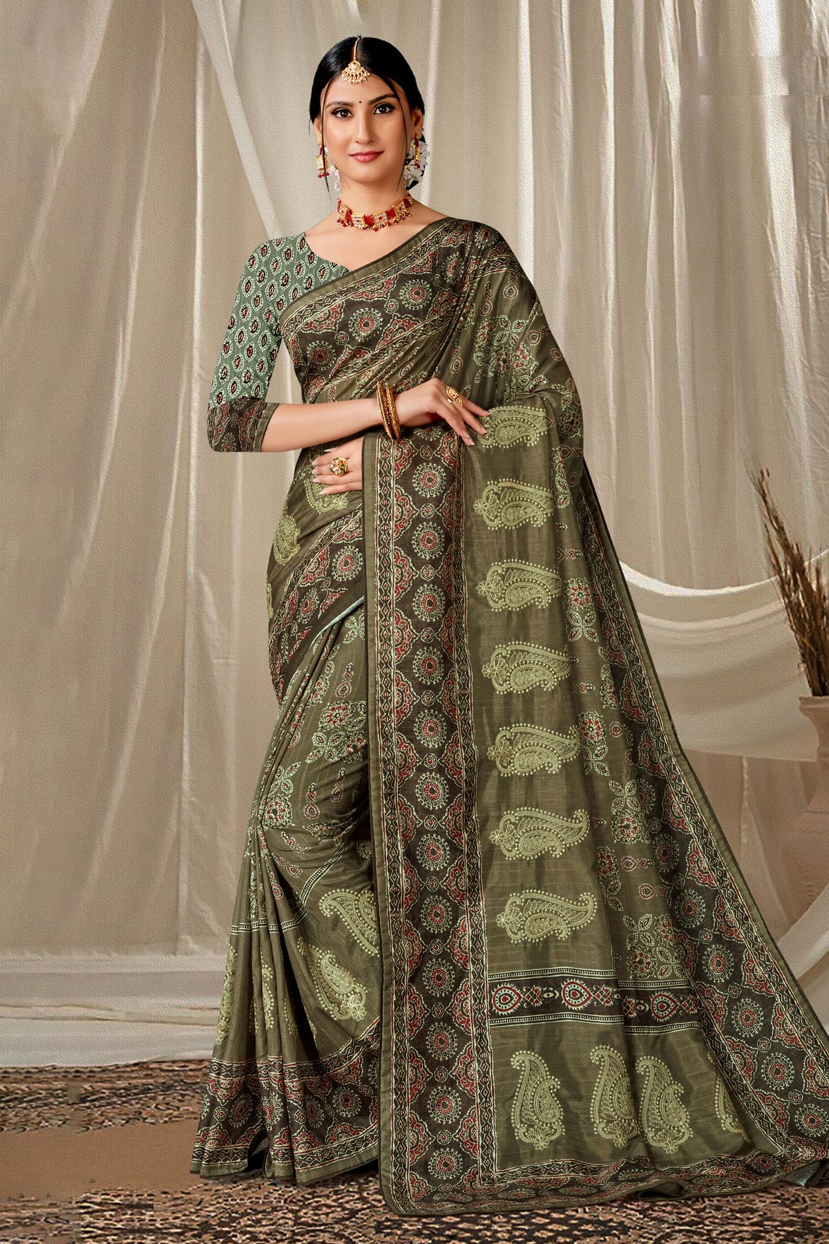 Green Colour Art Silk Printed Saree