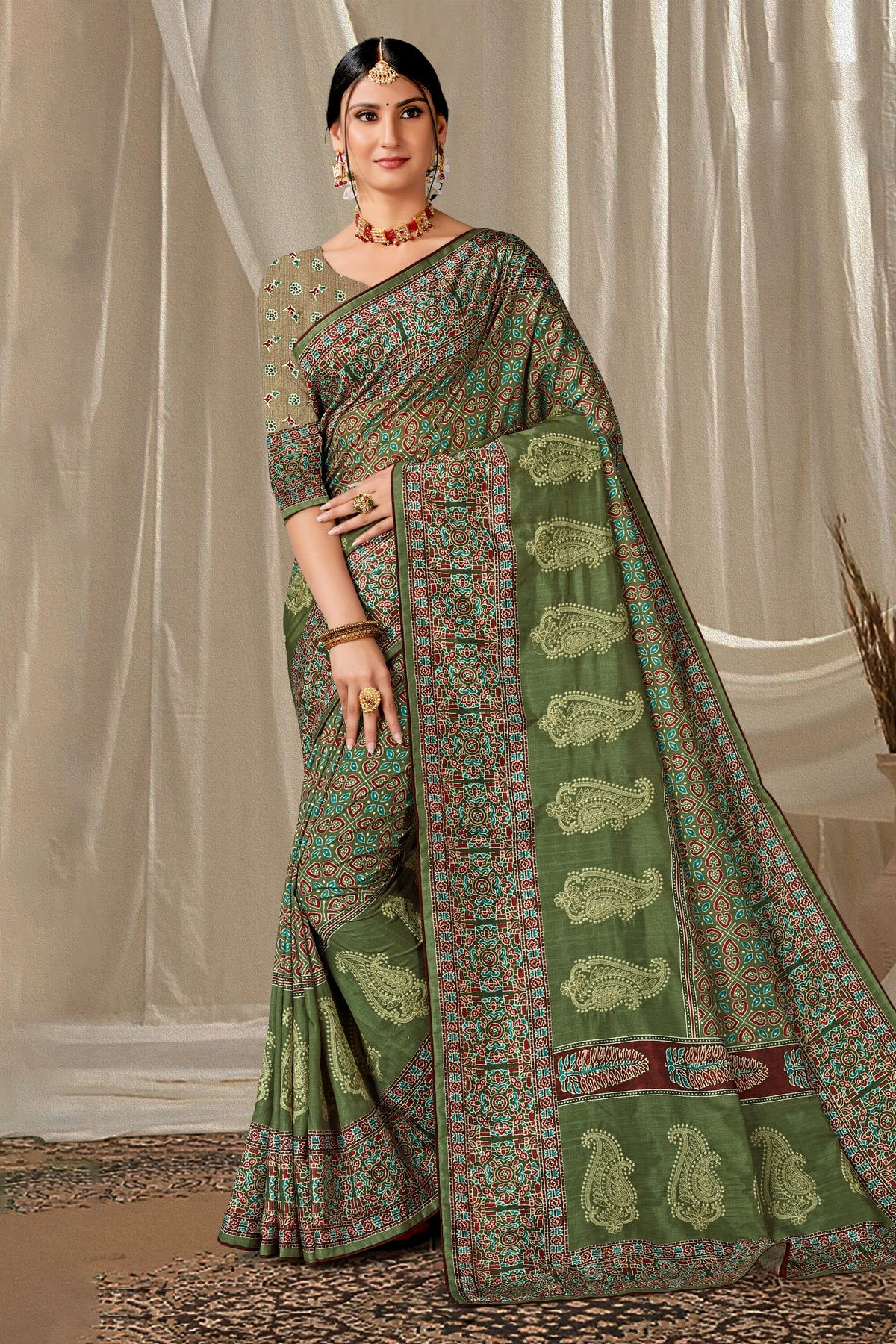 Green Colour Art Silk Printed Saree