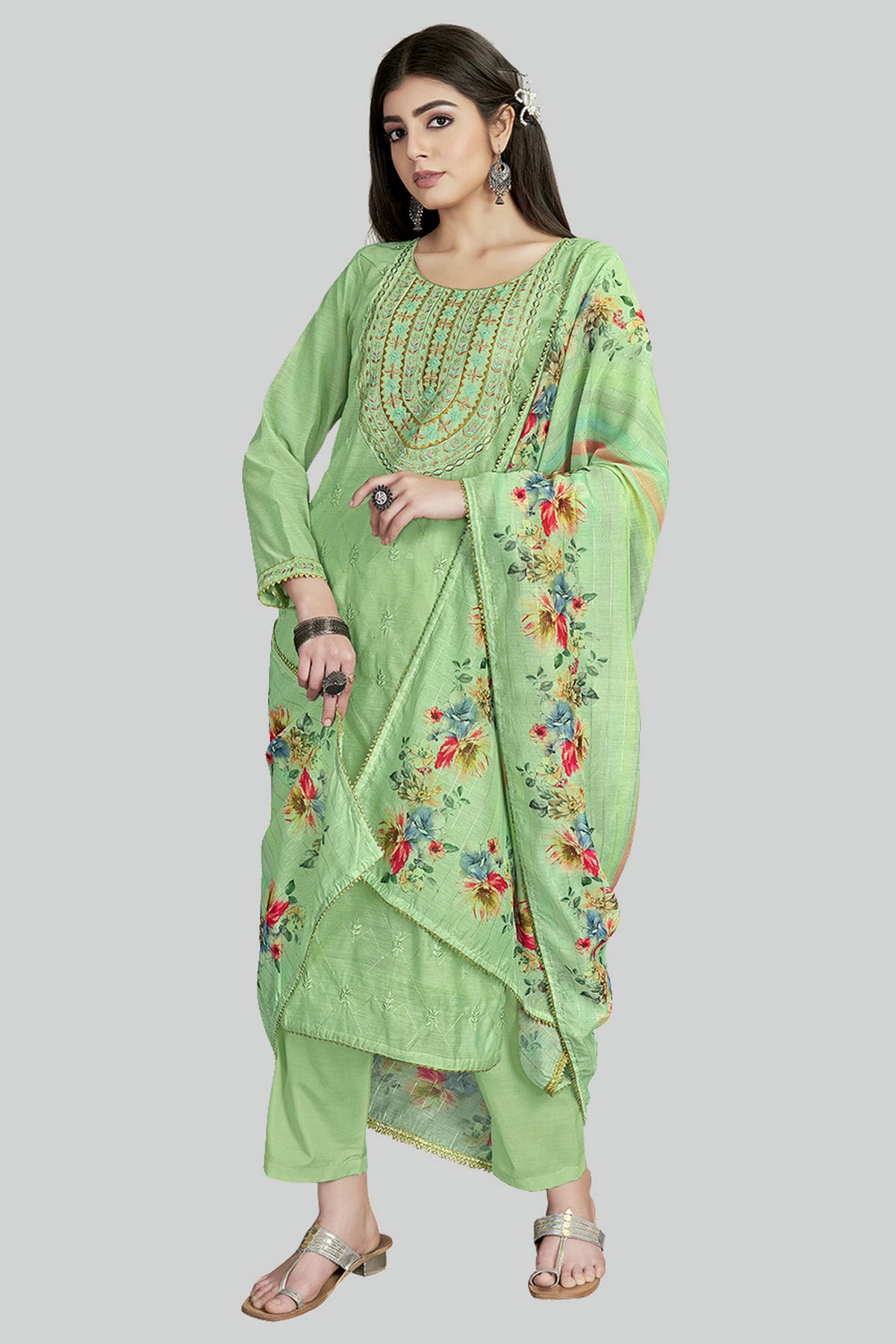 Green Colour Chanderi Silk Pant Style Suit