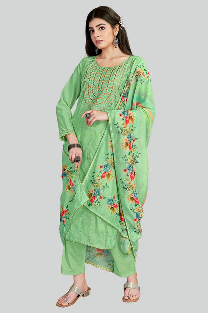 Green Colour Chanderi Silk Pant Style Suit