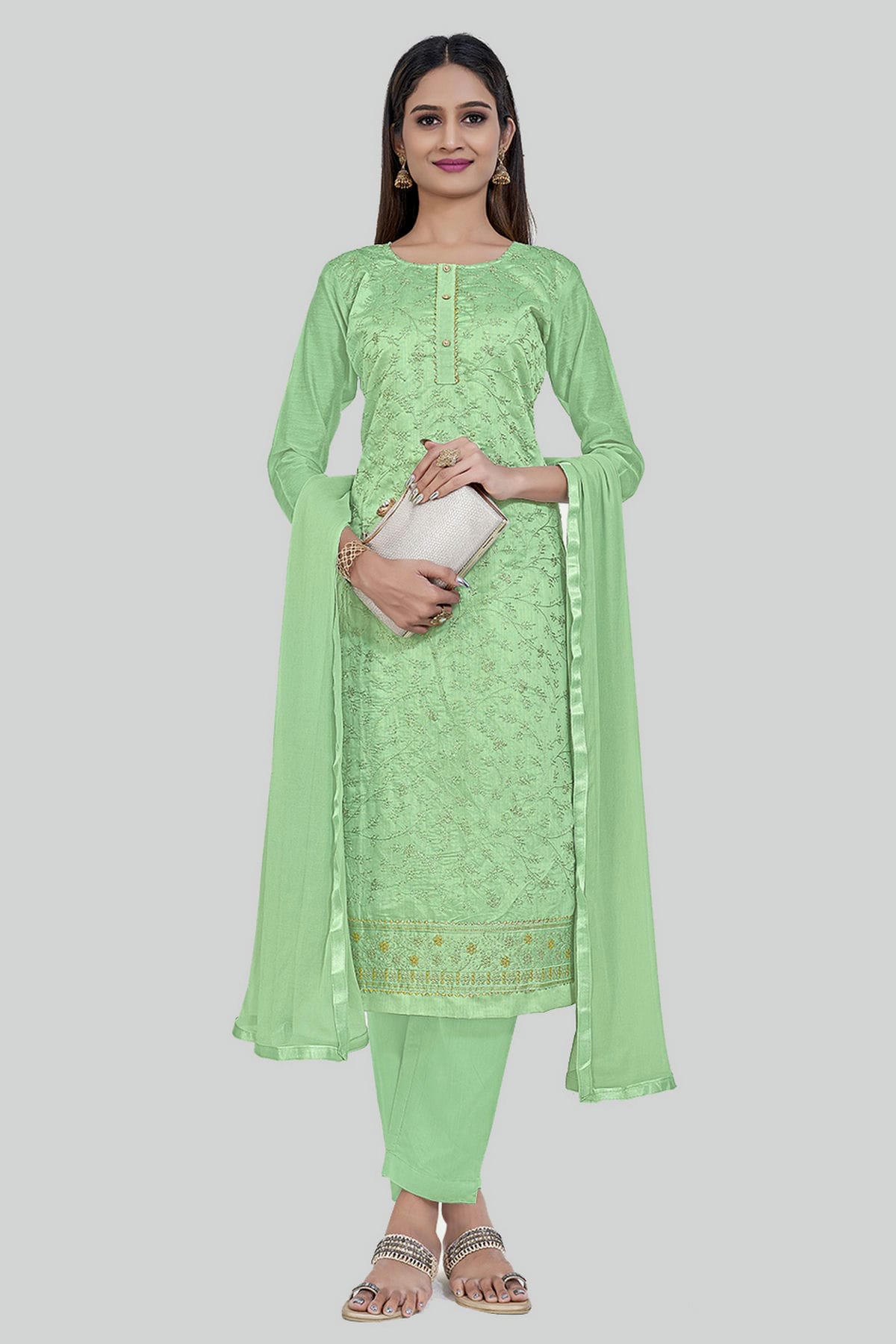 Green Colour Chanderi Silk Pant Style Suit