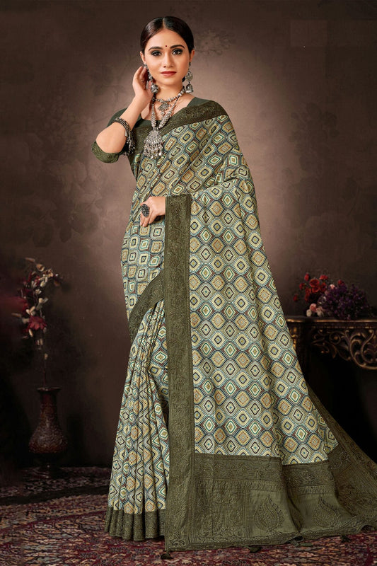 Green Colour Chanderi Silk Printed Saree