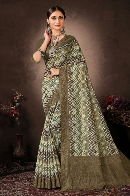 Green Colour Chanderi Silk Printed Saree