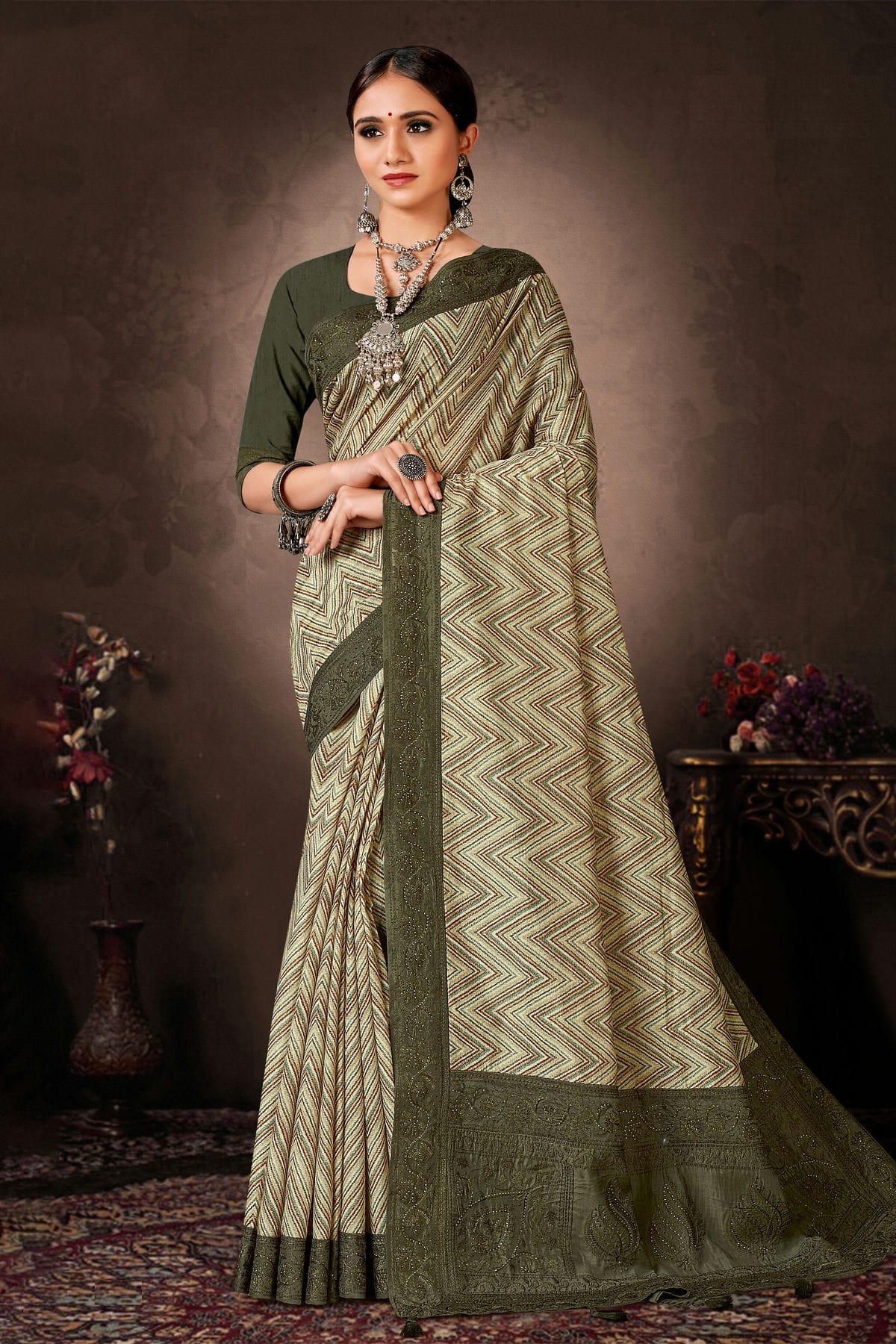 Green Colour Chanderi Silk Printed Saree