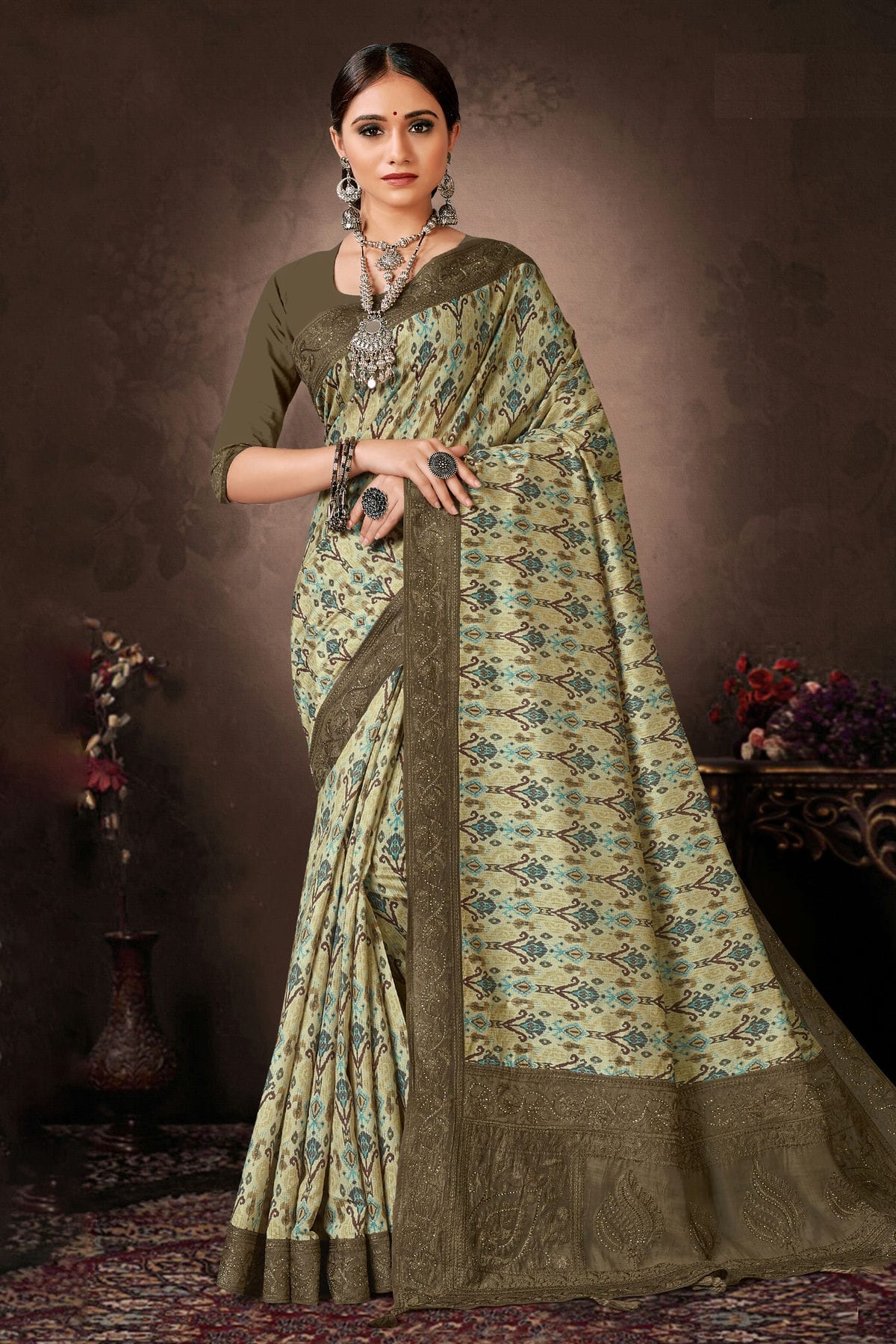 Green Colour Chanderi Silk Printed Saree