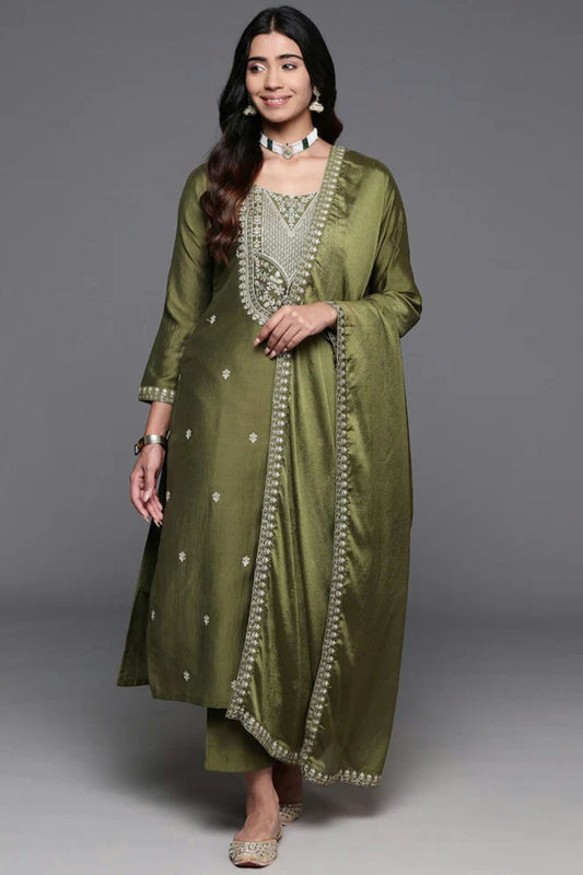 Green Colour Chanderi Viscose Stitched Salwar Suit