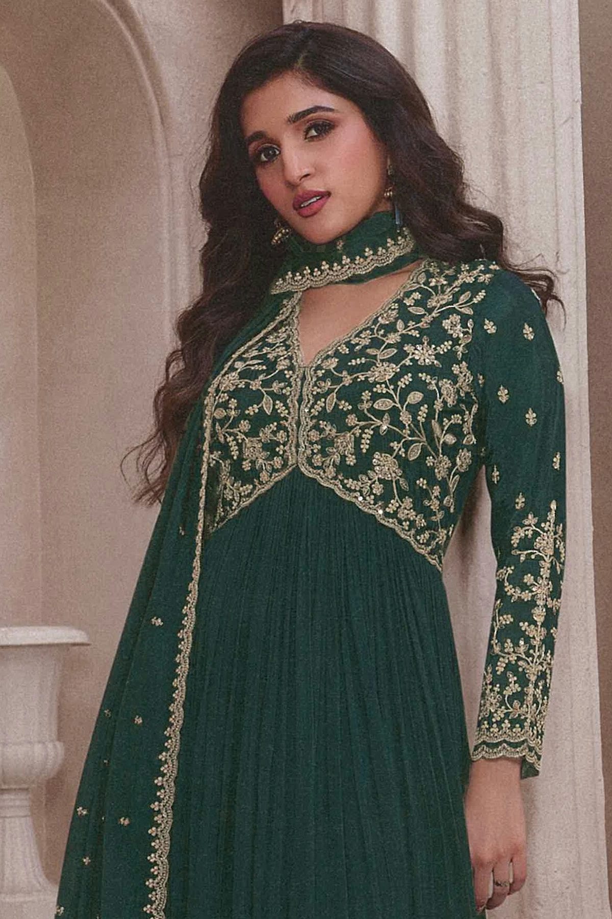 Green Colour Chinon Anarkali Suit