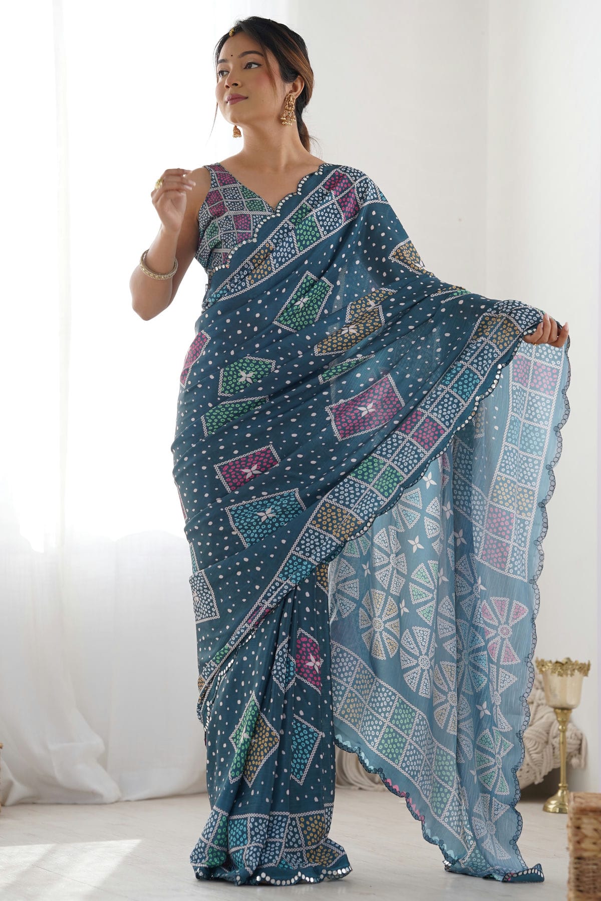 Green Colour Chinon Printed Saree