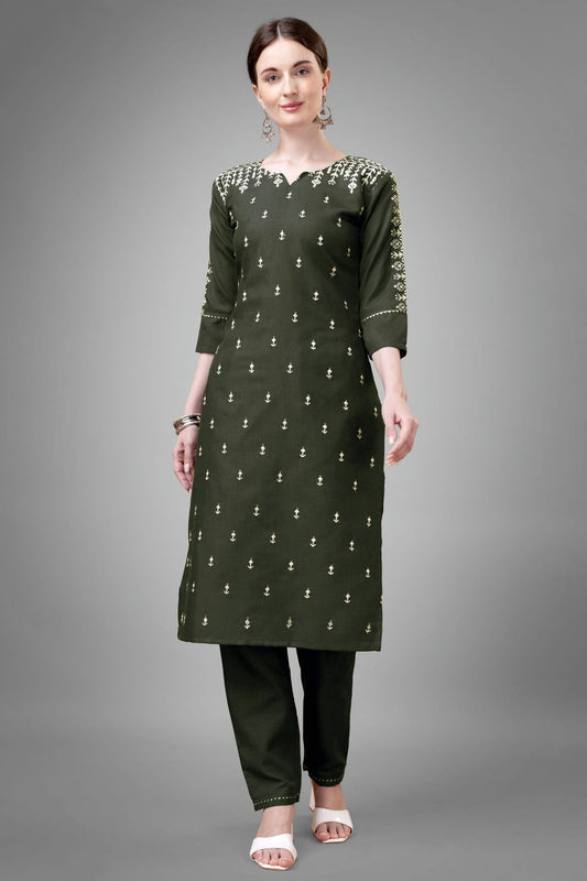 Green Colour Cotton Blend Kurta And Pant Set