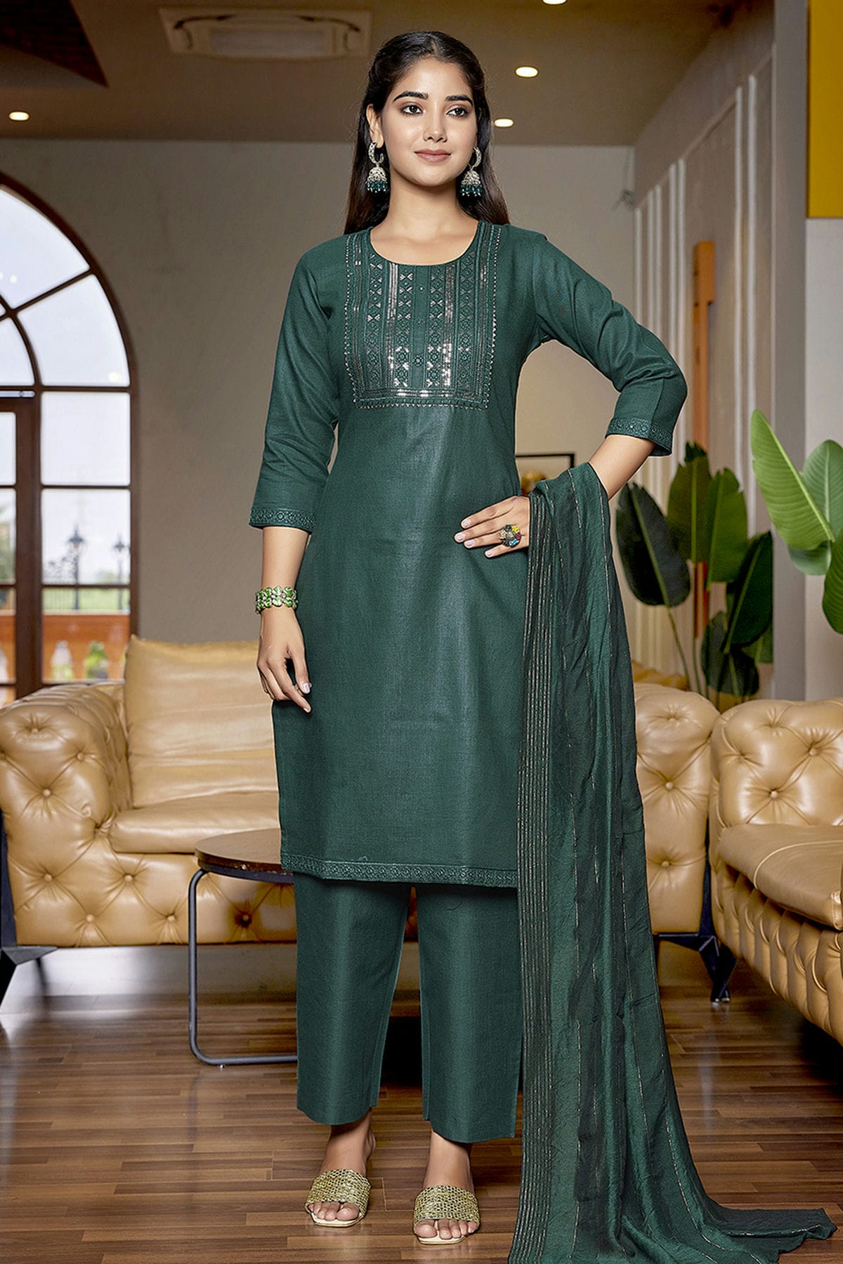 Green Colour Cotton Blend Stitched Suit