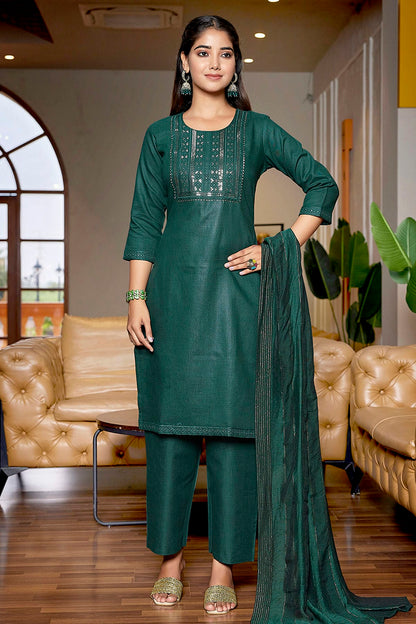 Green Colour Cotton Blend Stitched Suit