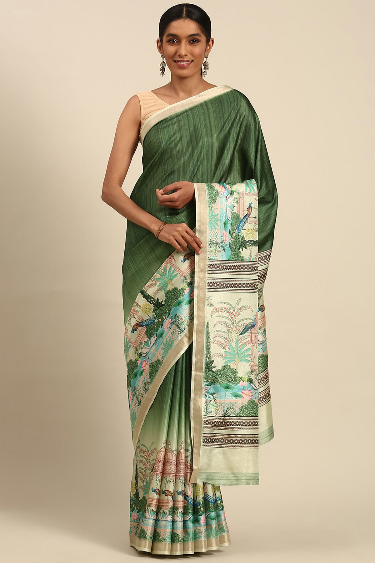 Green Colour Cotton Digital Printed Printed Saree