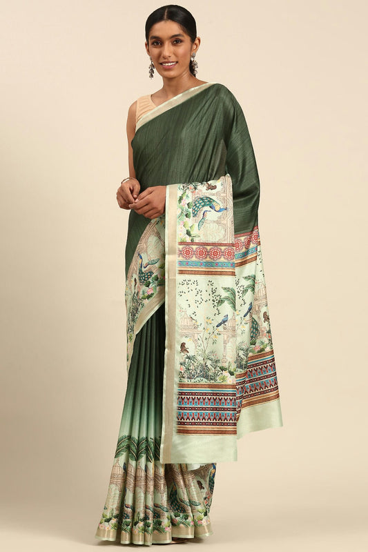 Green Colour Cotton Digital Printed Printed Saree