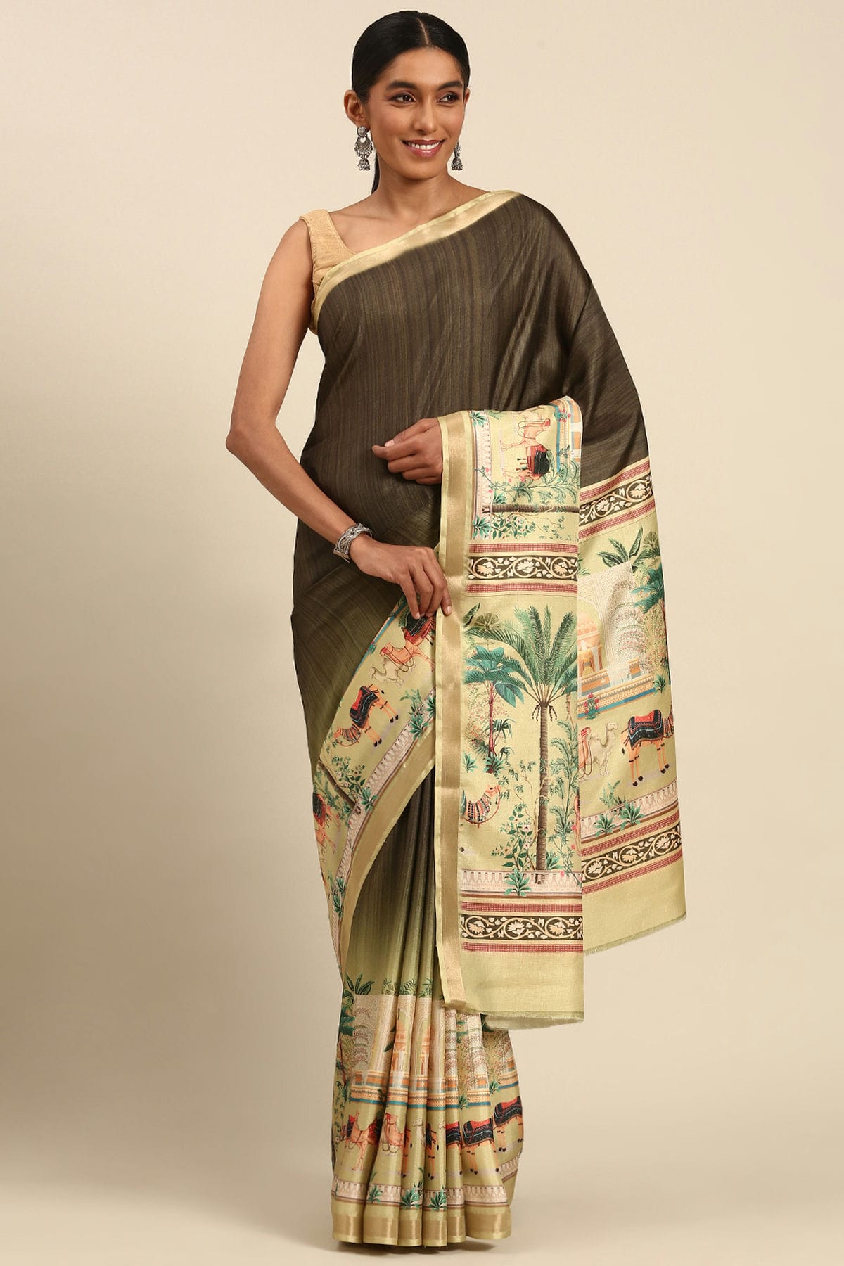 Green Colour Cotton Digital Printed Printed Saree