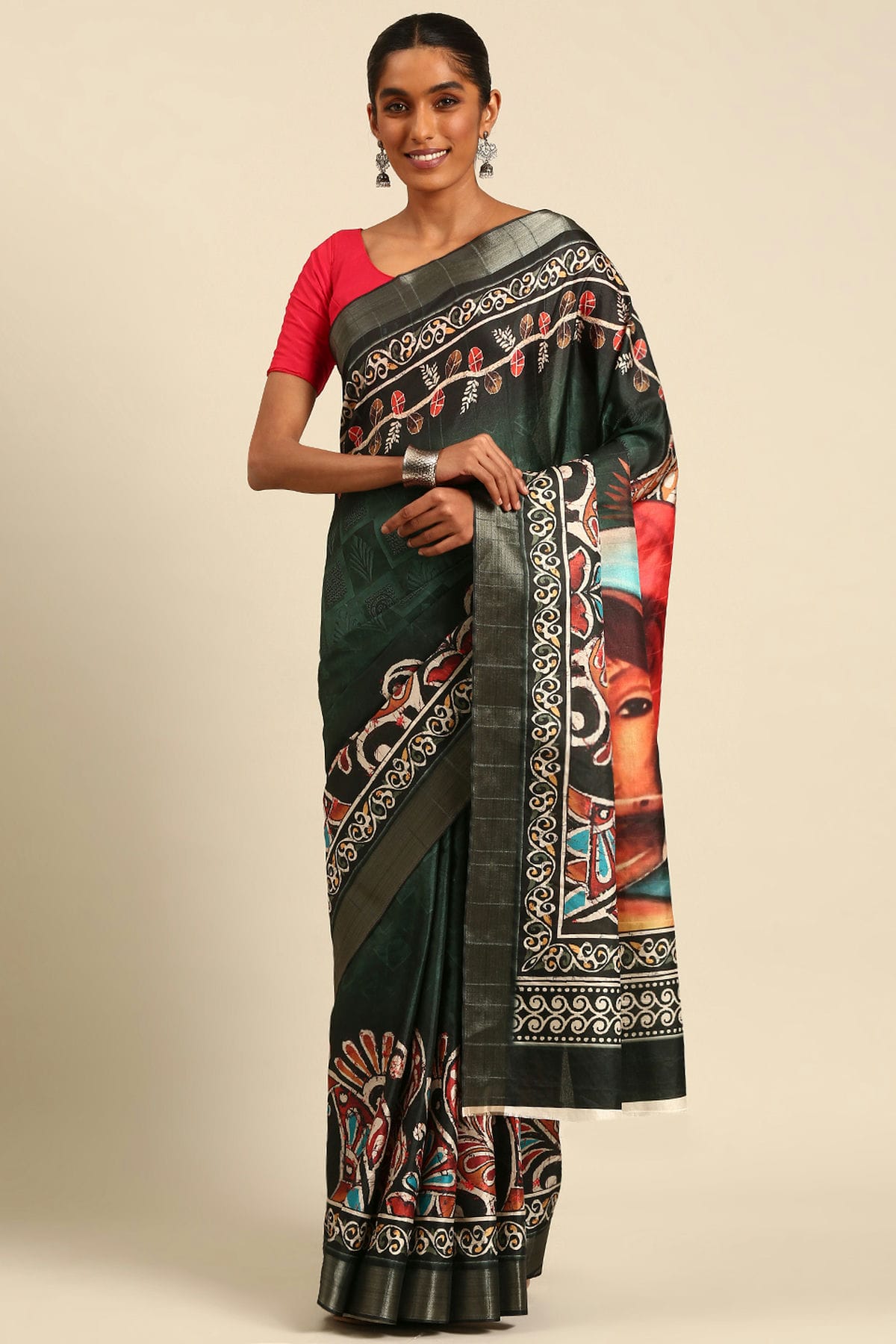 Green Colour Cotton Printed Saree