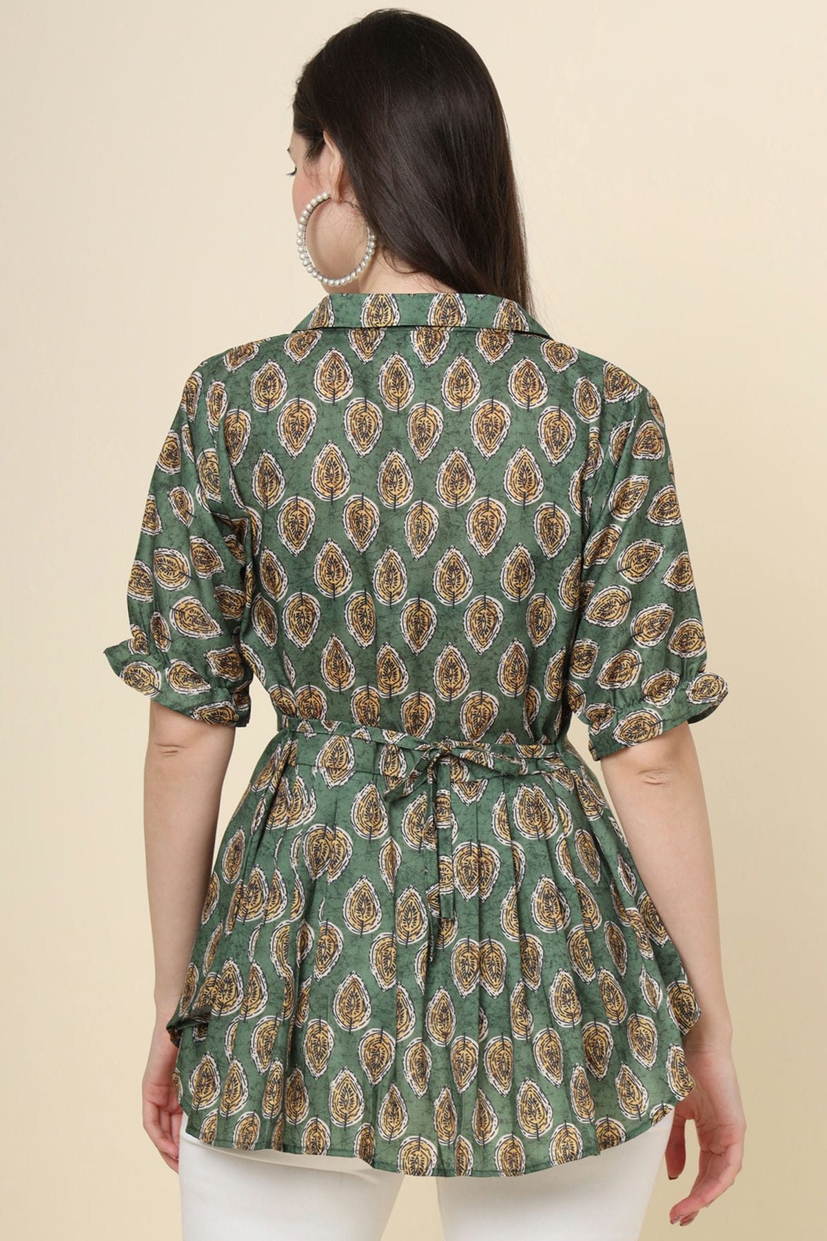 Green Colour Cotton Printed Work Readymade Top