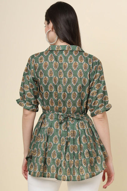 Green Colour Cotton Printed Work Readymade Top