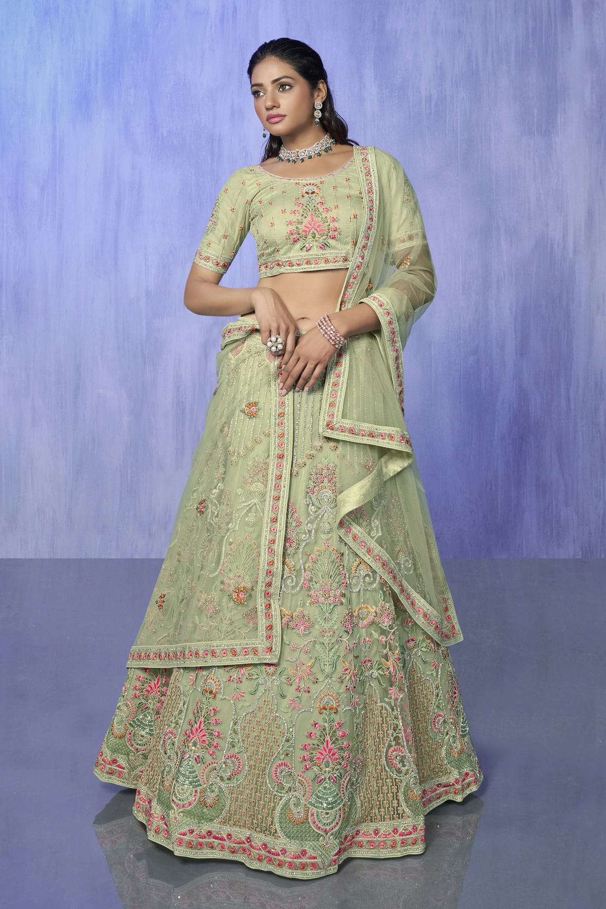 Green Colour Embroidery Net Lehenga Choli