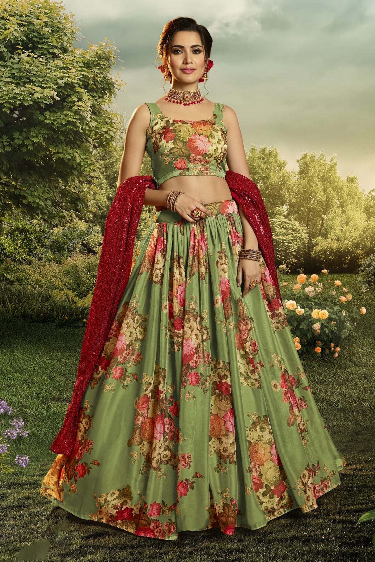 Green Colour Embroidery Organza Lehenga Choli