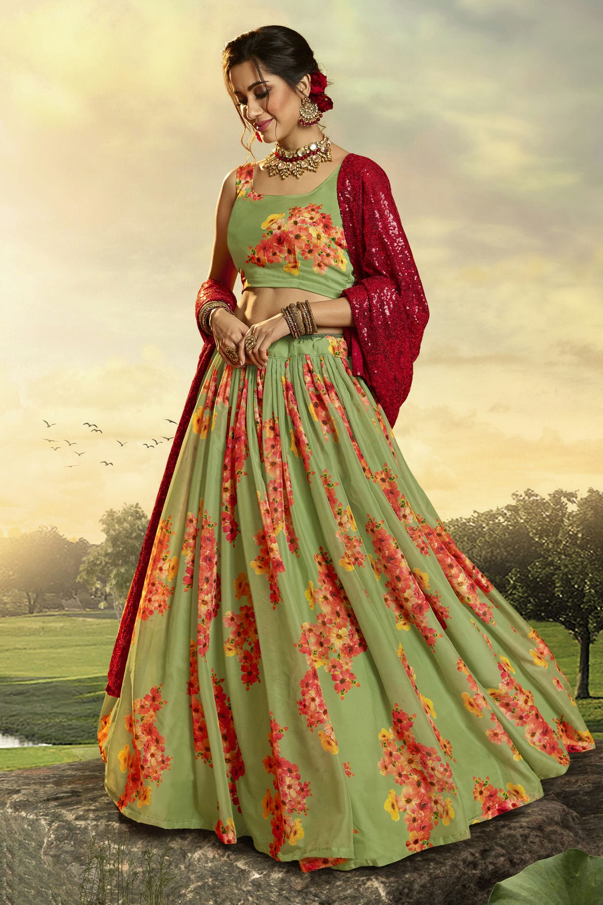 Green Colour Embroidery Organza Lehenga Choli