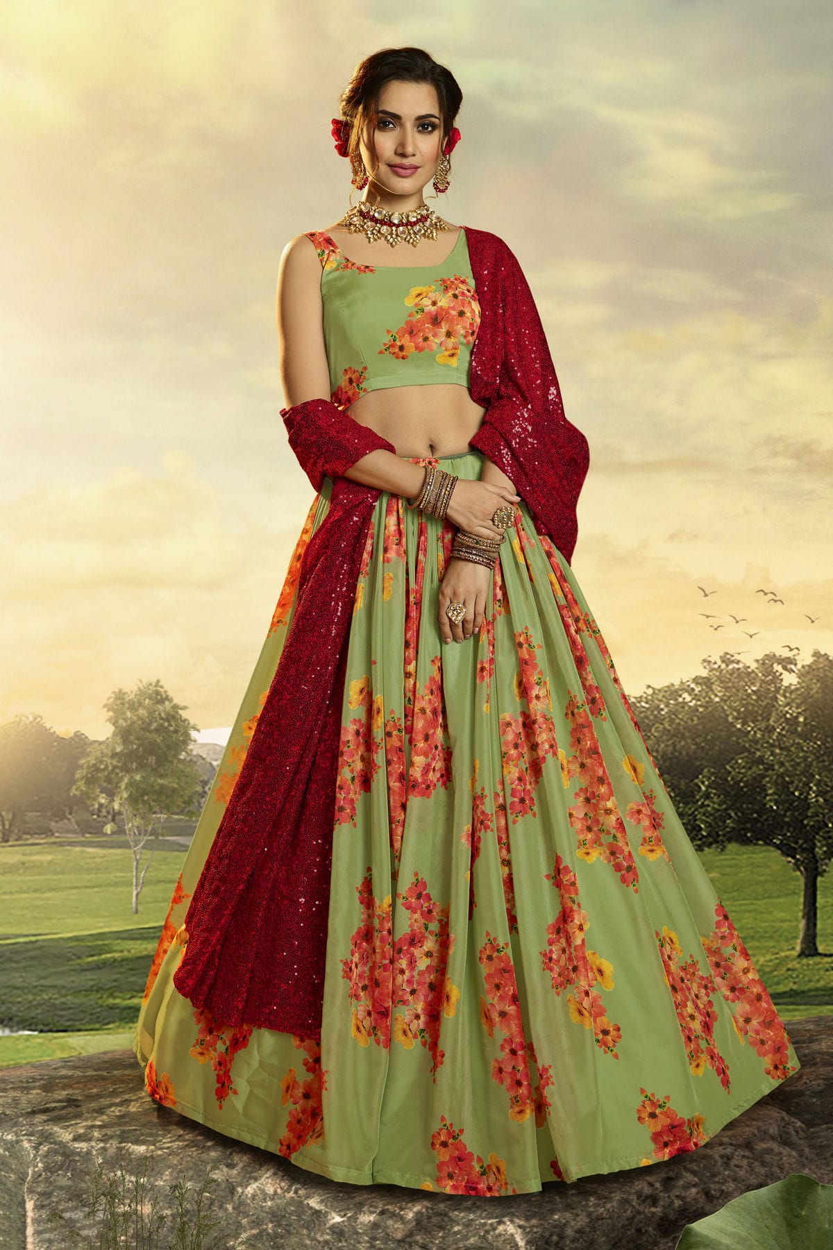 Green Colour Embroidery Organza Lehenga Choli