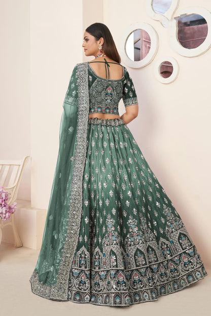 Green Colour Embroidery Satin Lehenga Choli