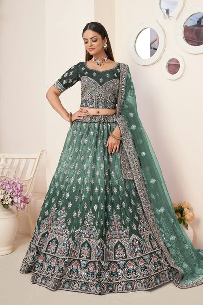 Green Colour Embroidery Satin Lehenga Choli