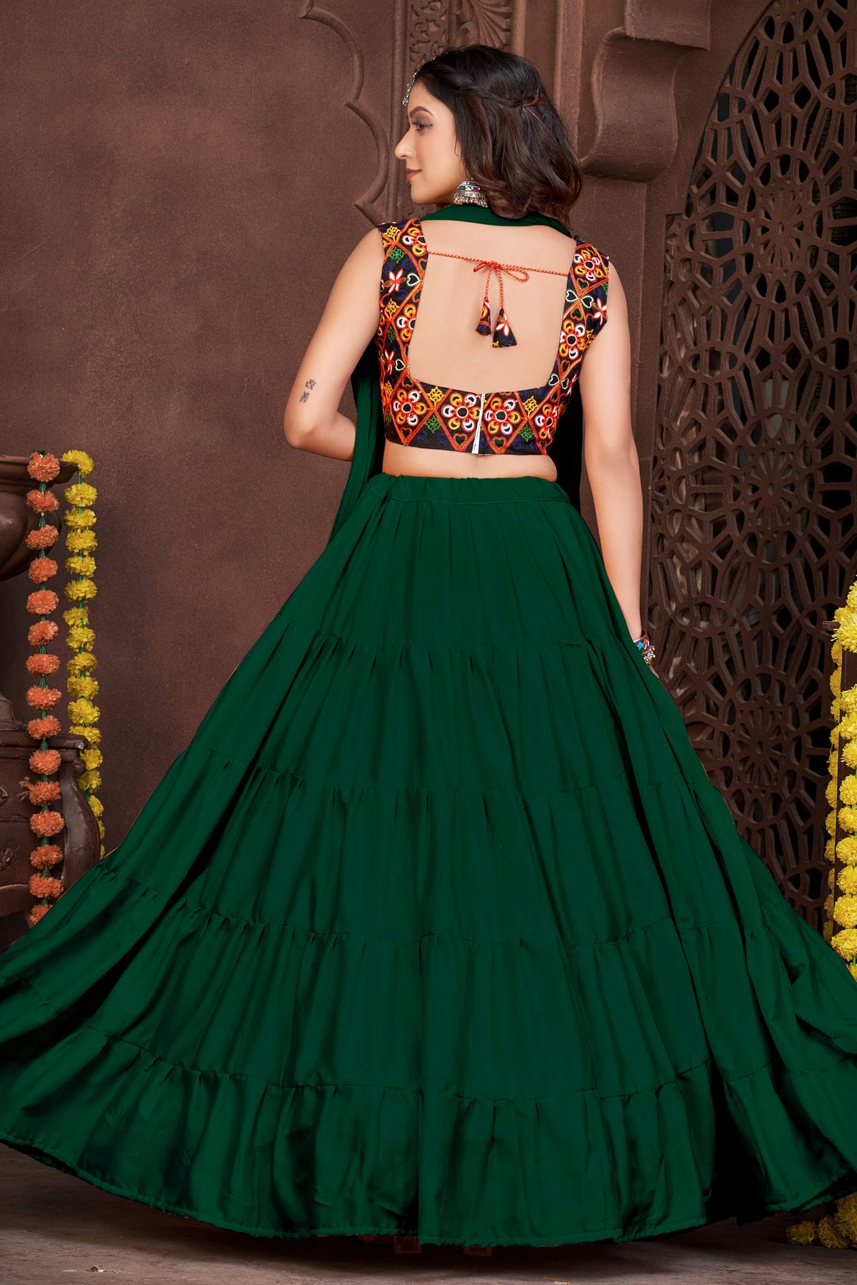 Green Colour Embroidery Work French Crepe Navratri Lehenga