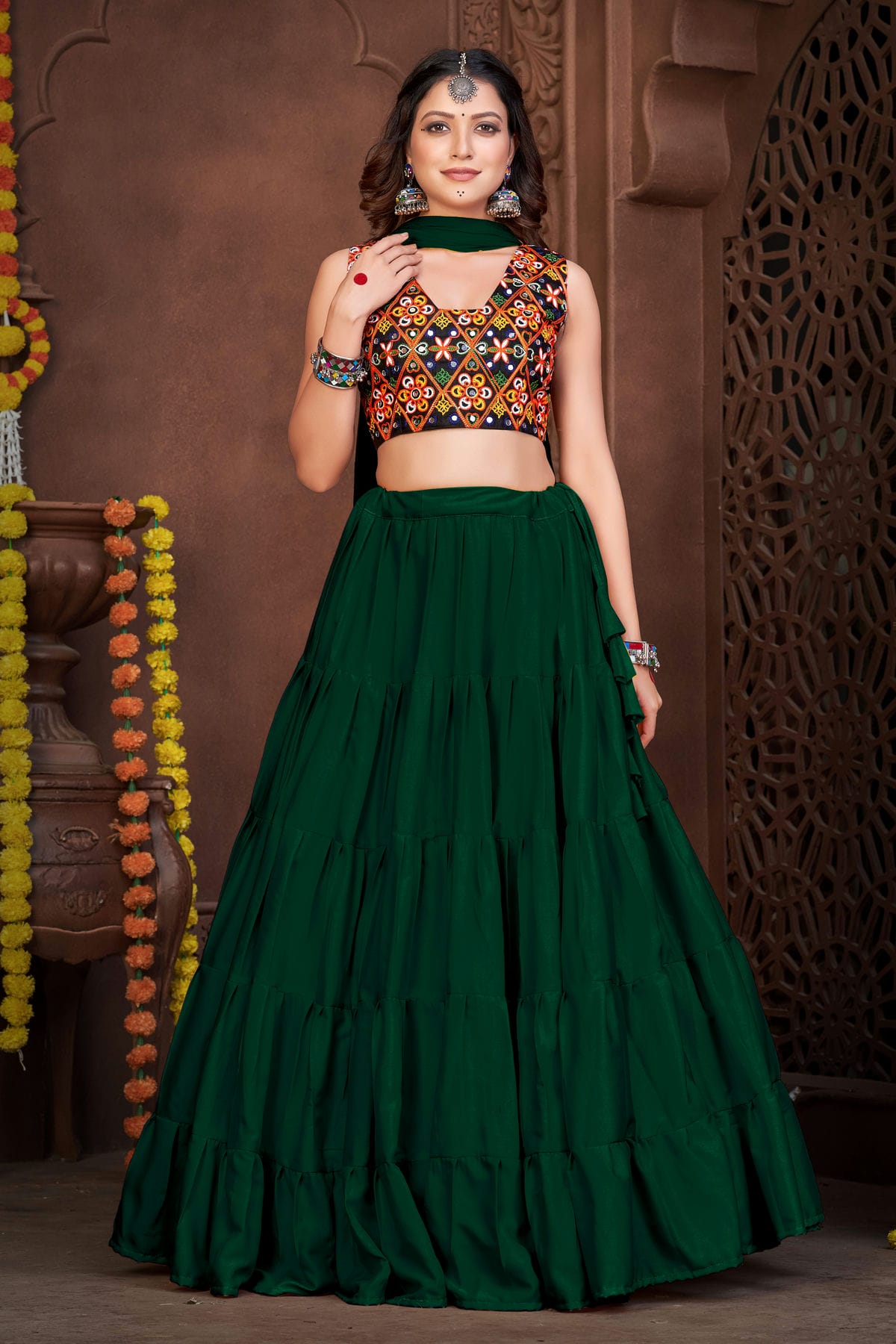 Green Colour Embroidery Work French Crepe Navratri Lehenga