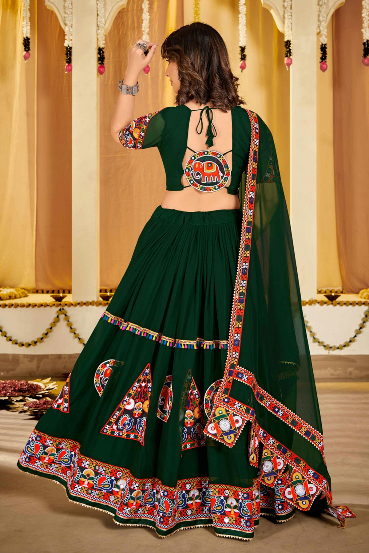 Green Colour Embroidery Work Georgette Navratri Lehenga