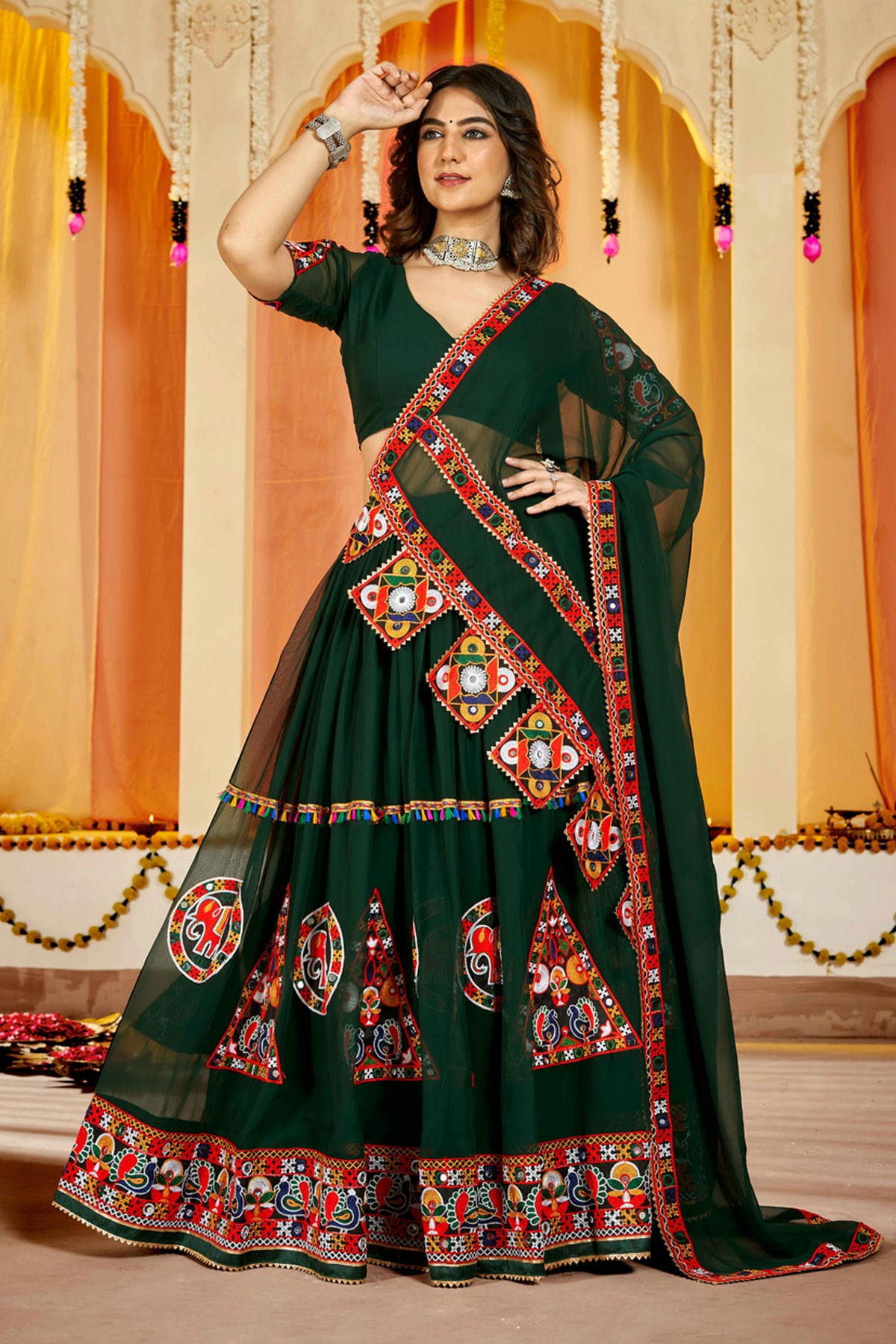 Green Colour Embroidery Work Georgette Navratri Lehenga