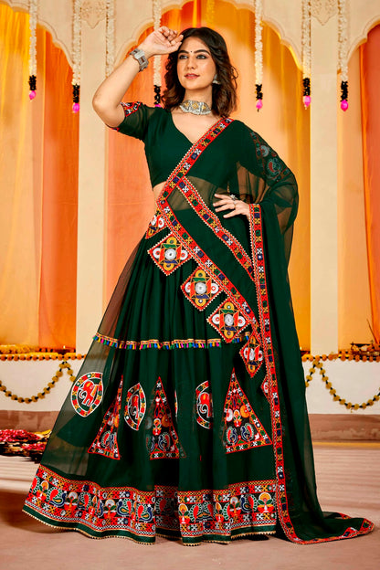 Green Colour Embroidery Work Georgette Navratri Lehenga