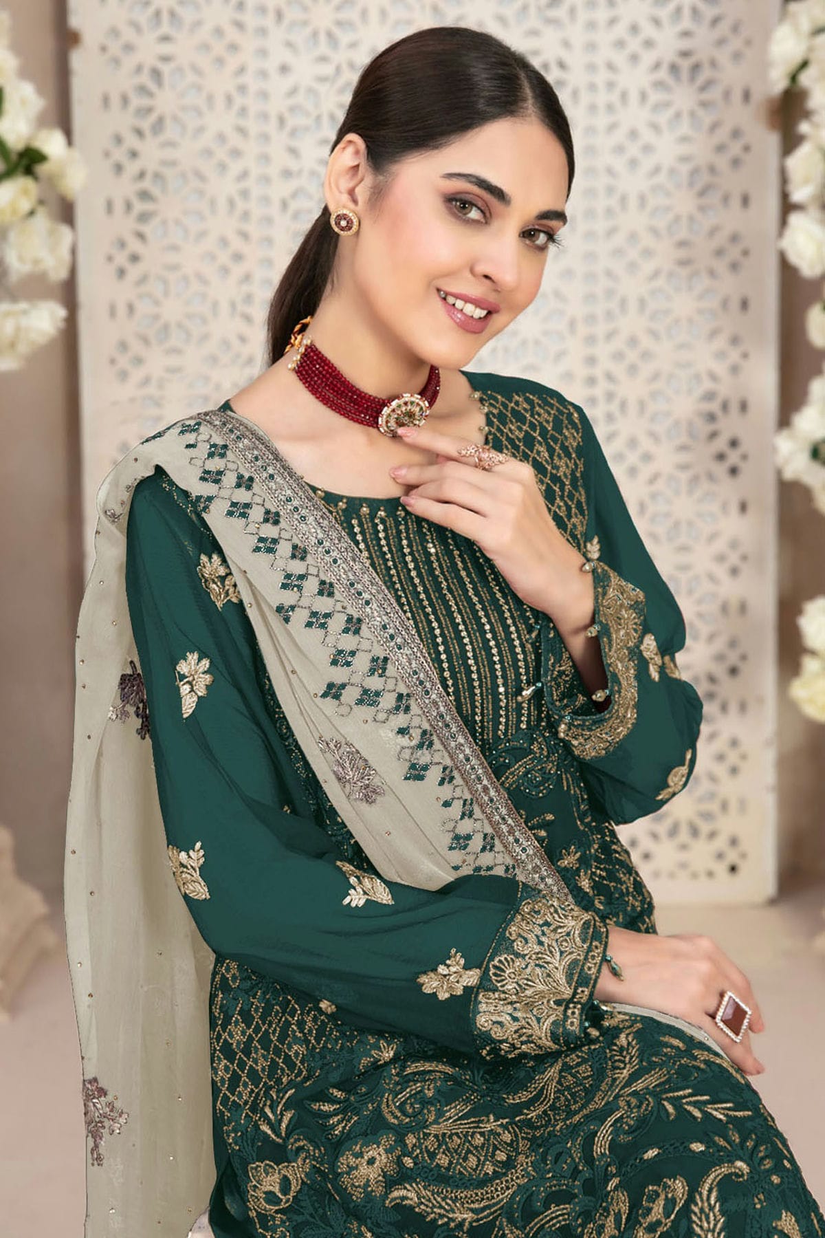 Green Colour Faux Georgette Pakistani Suit