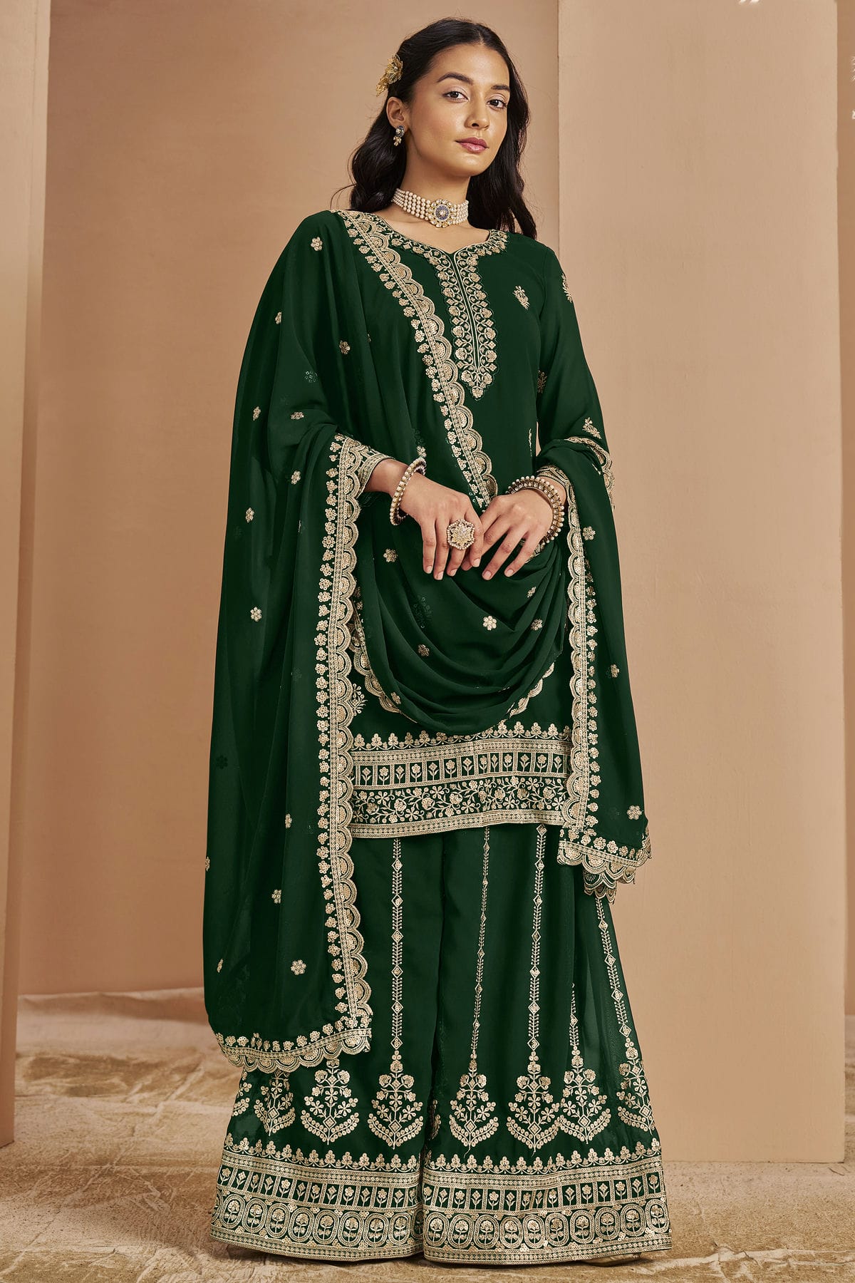 Green Colour Faux Georgette Palazzo Pant Suit VSSM1050677