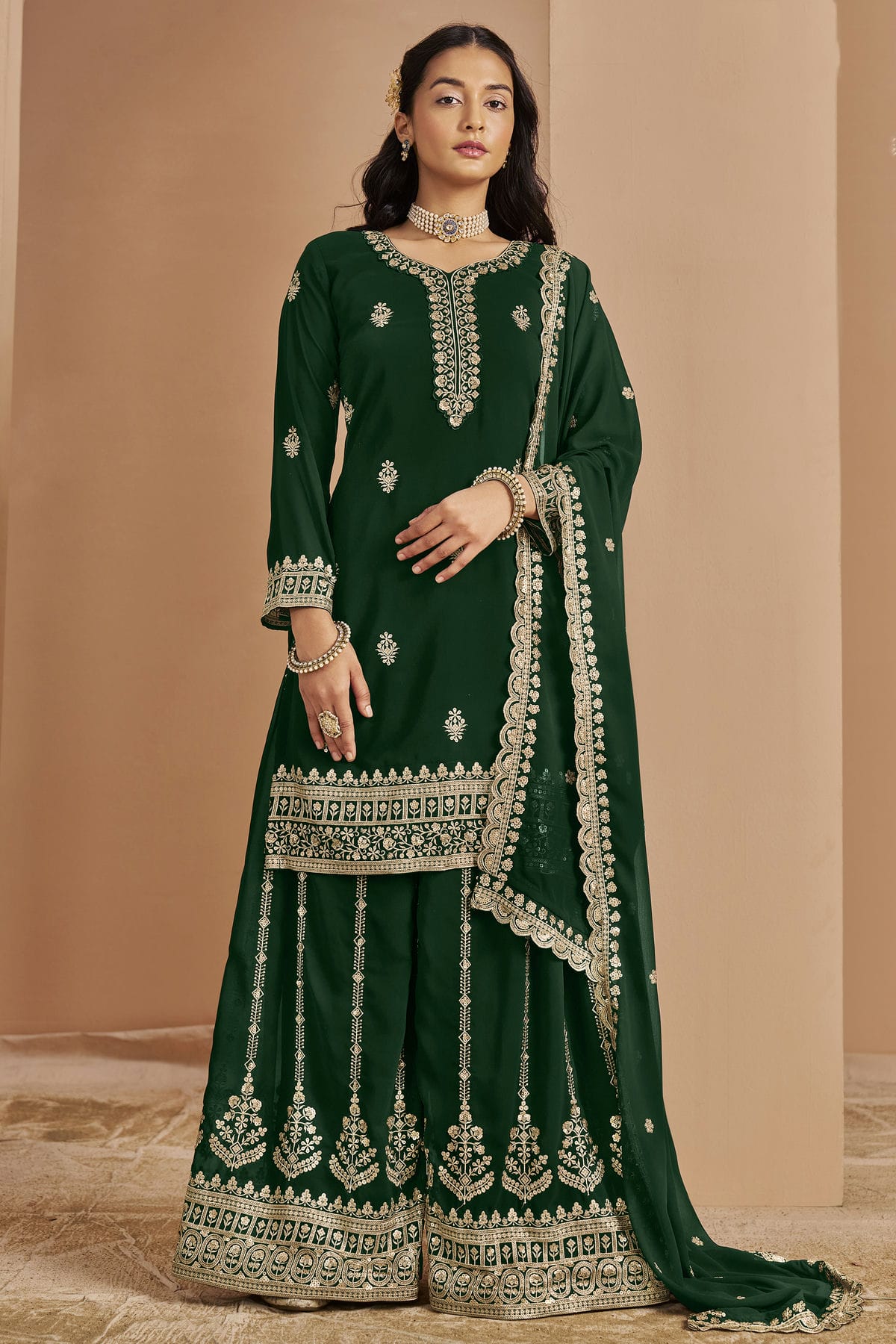 Green Colour Faux Georgette Palazzo Pant Suit