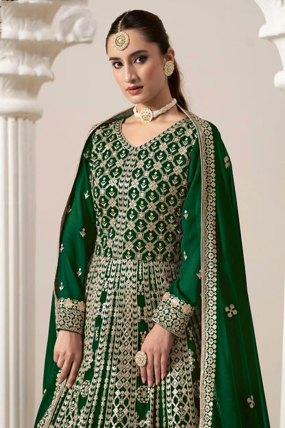 Green Colour Faux Georgette Semi Stitched Anarkali Suit